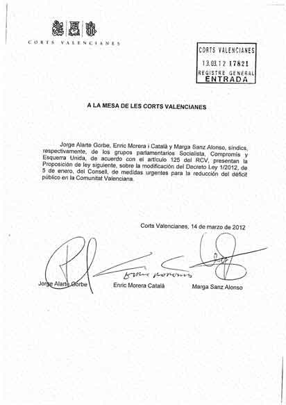 Primera plana de la proposició de llei firmada per Jorge Alarte (PSPV), Enric Morera (Compromís) i Marga Sanz (EUPV).
