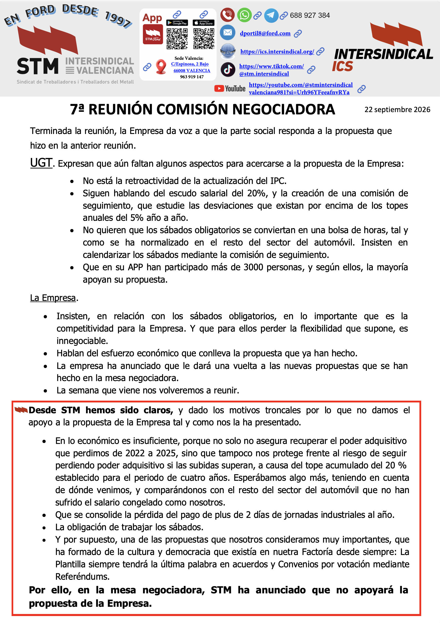 ICS Intersindical Valenciana en Ford rechaza la última oferta de la empresa