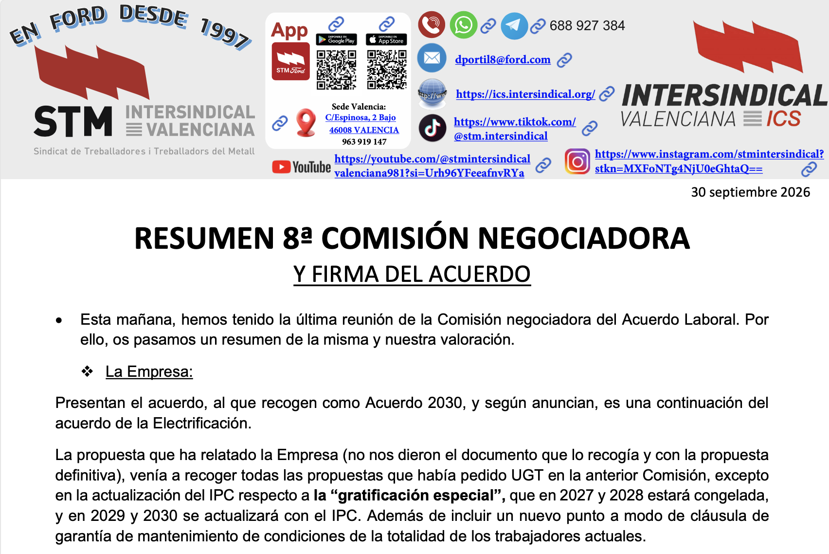ICS Intersindical Valenciana rechaza el acuerdo entre UGT y la Dirección de Ford Almussafes