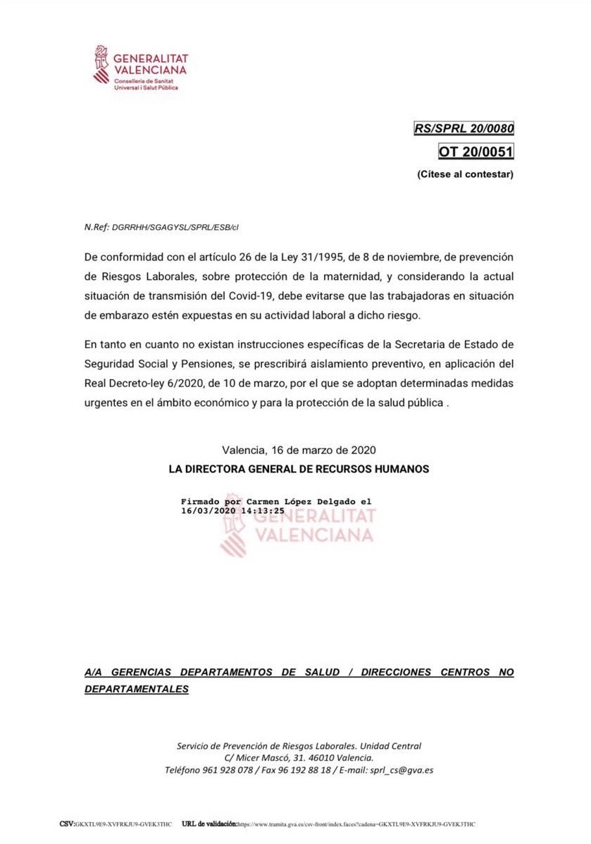 INSTRUCCIÓN PROTECCIÓN DE LA MATERNIDAD FRENTE AL COVID-19
