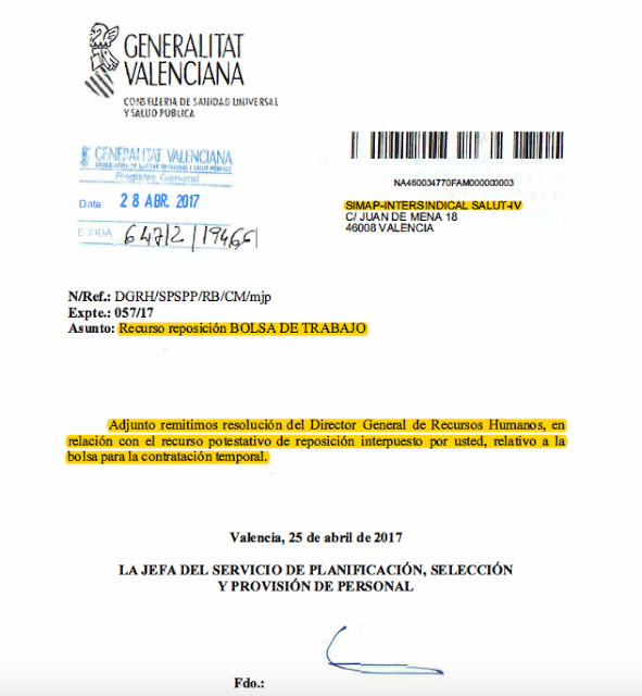 REVOCACIÓN DE NOMBRAMIENTO BOLSA DE TRABAJO TRAS RECURSO DE SIMAP-INTERSINDICAL SALUT