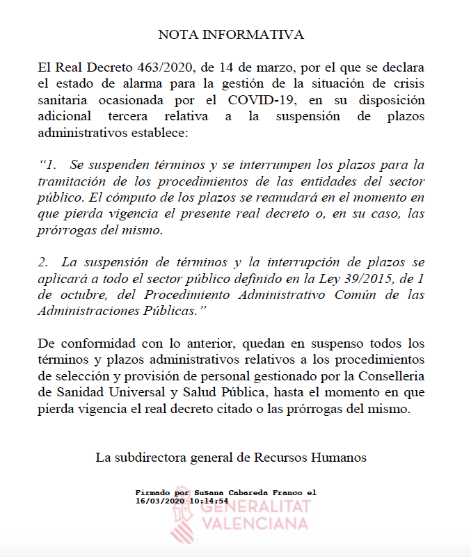 SUSPENSIÓN DE TÉRMINOS Y PLAZOS ADMINISTRATIVOS DE LAS OPOSICIONES Y TRASLADOS