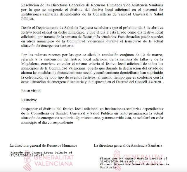 CONSELLERIA DE SANIDAD: SUSPENSIÓN DEL FESTIVO LOCAL ADICIONAL