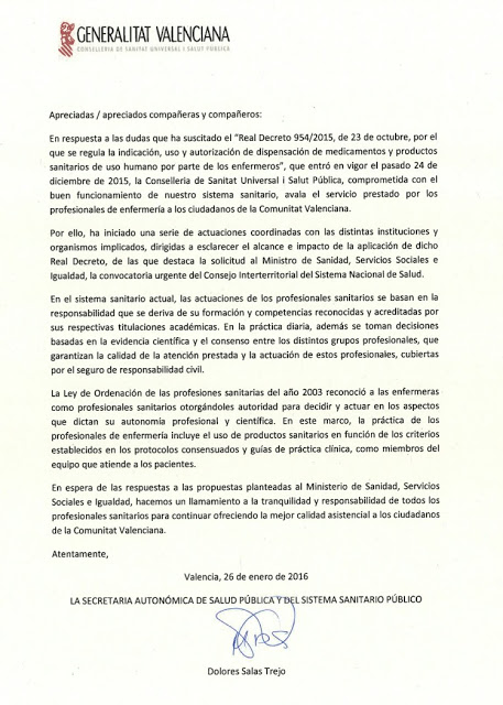 ACLARACIONES CONSELLERIA DE SANIDAD SOBRE EL DECRETO DE “PRESCRIPCIÓN ENFERMERA”