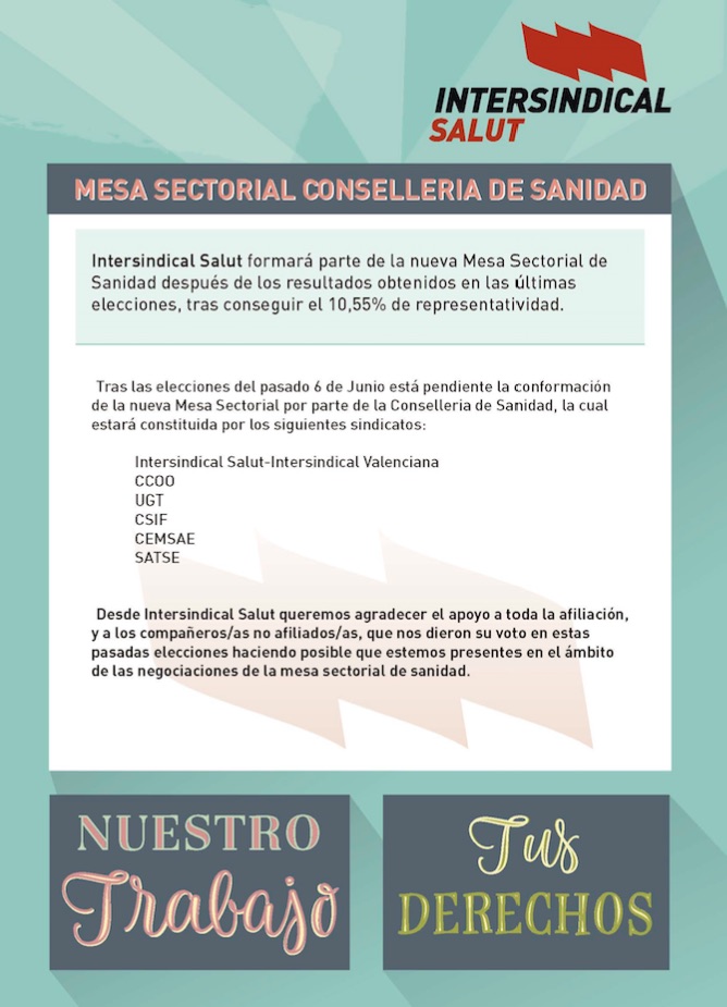 INTERSINDICAL SALUT ESTARÁ EN LA NUEVA MESA SECTORIAL DE SANIDAD